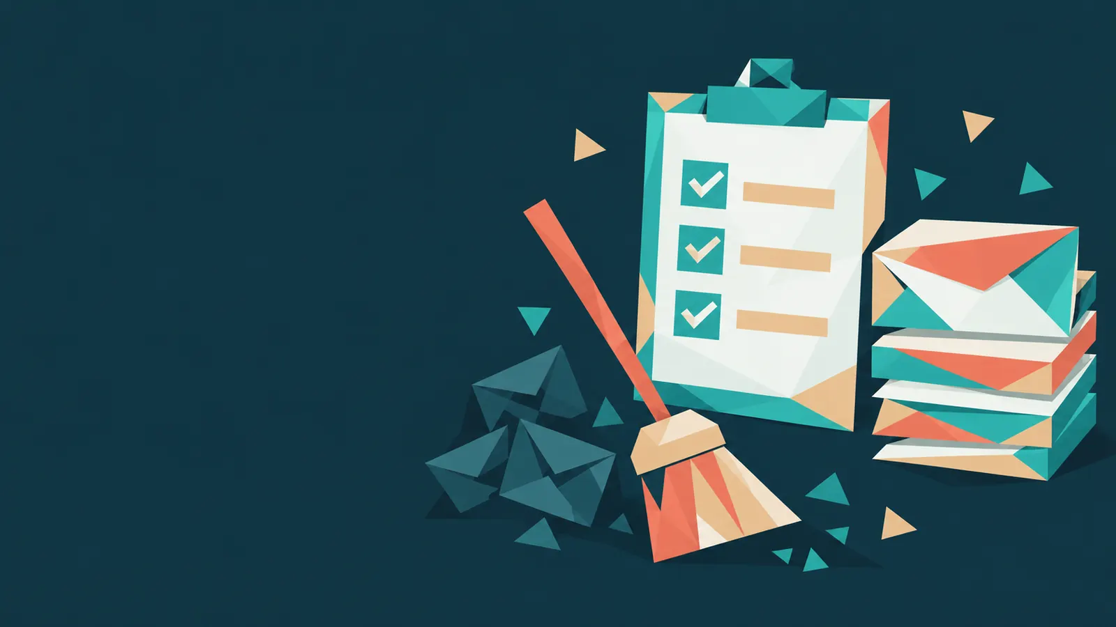 A checklist on a clipboard beside a tidy stack of envelopes, while a broom sweeps a faded pile away, drawn in flat geometric shapes