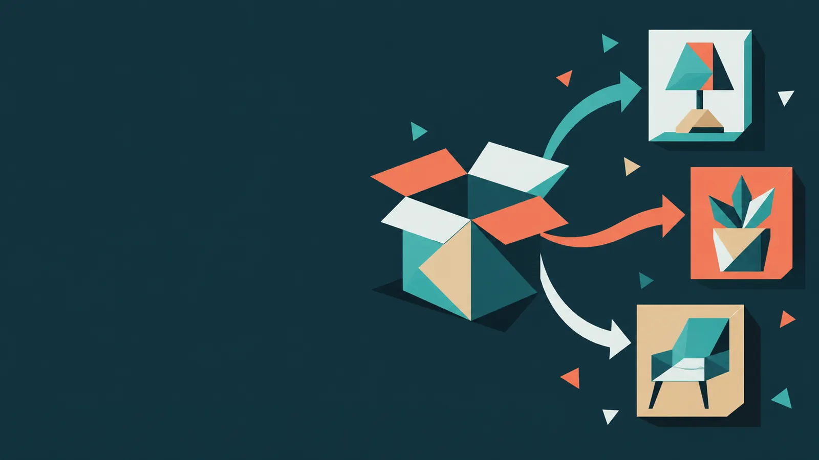 One open box with three arrows leading to three different product cards, drawn in flat geometric shapes
